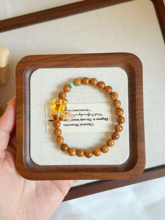 Natural Kuka Bracelet with Amber Bear Charm | Prayer Beads | Handmade Bracelet