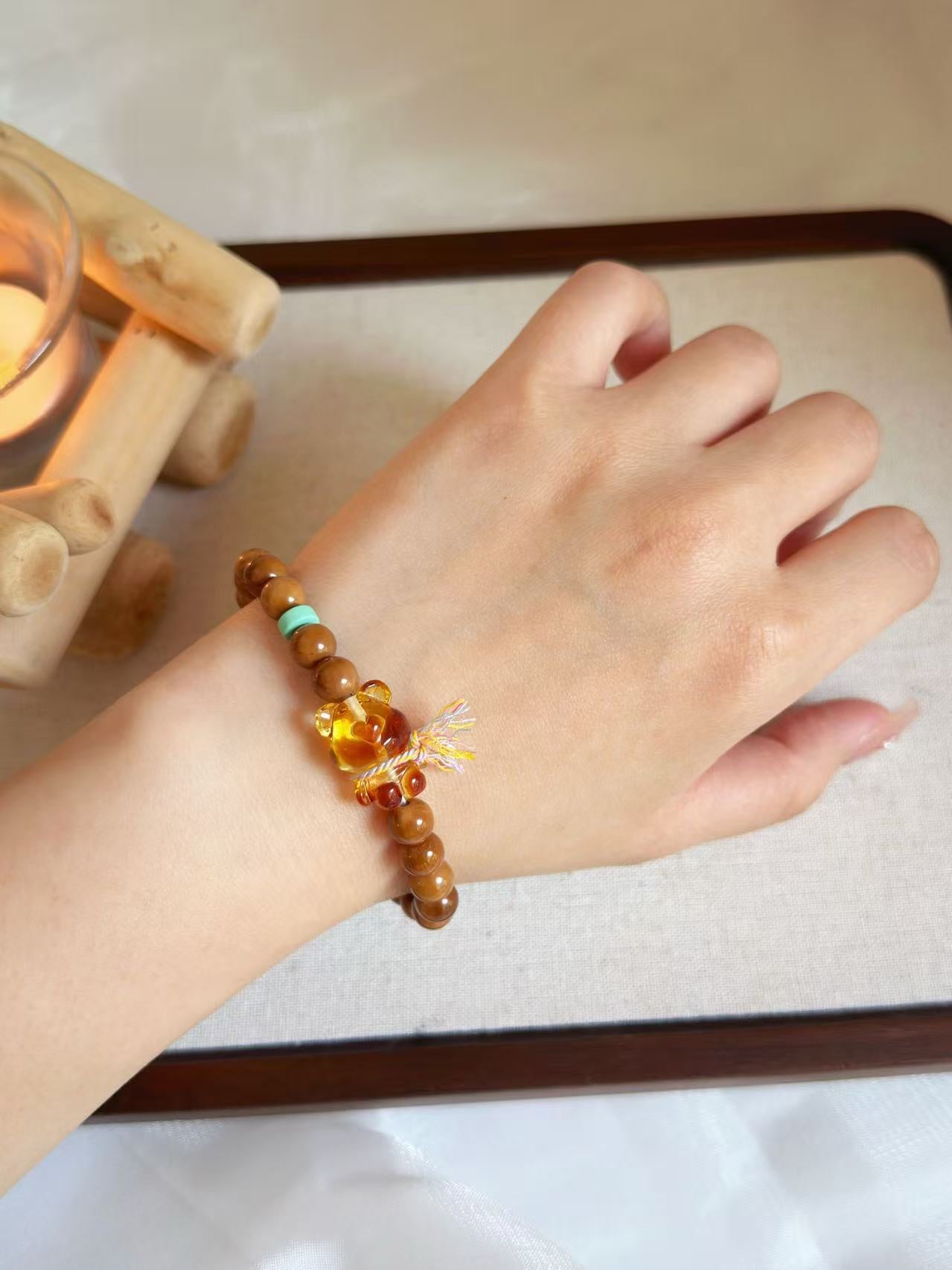 Natural Kuka Bracelet with Amber Bear Charm | Prayer Beads | Handmade Bracelet