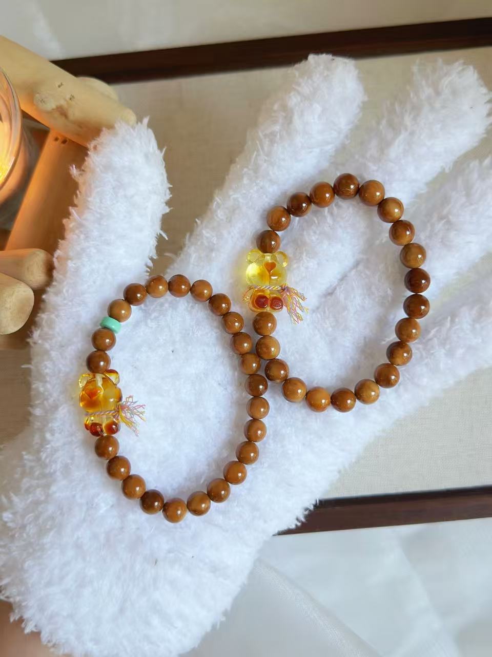 Natural Kuka Bracelet with Amber Bear Charm | Prayer Beads | Handmade Bracelet