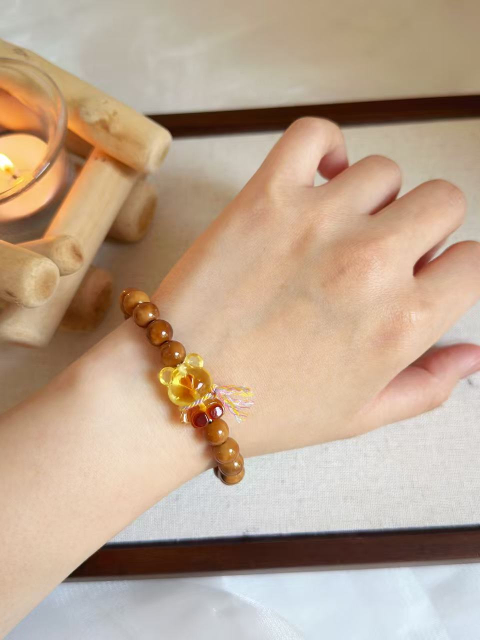 Natural Kuka Bracelet with Amber Bear Charm | Prayer Beads | Handmade Bracelet
