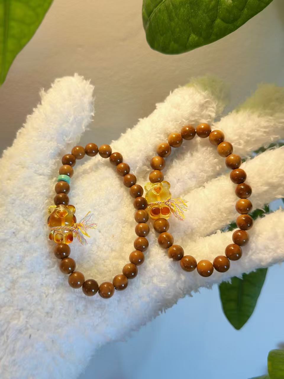 Natural Kuka Bracelet with Amber Bear Charm | Prayer Beads | Handmade Bracelet