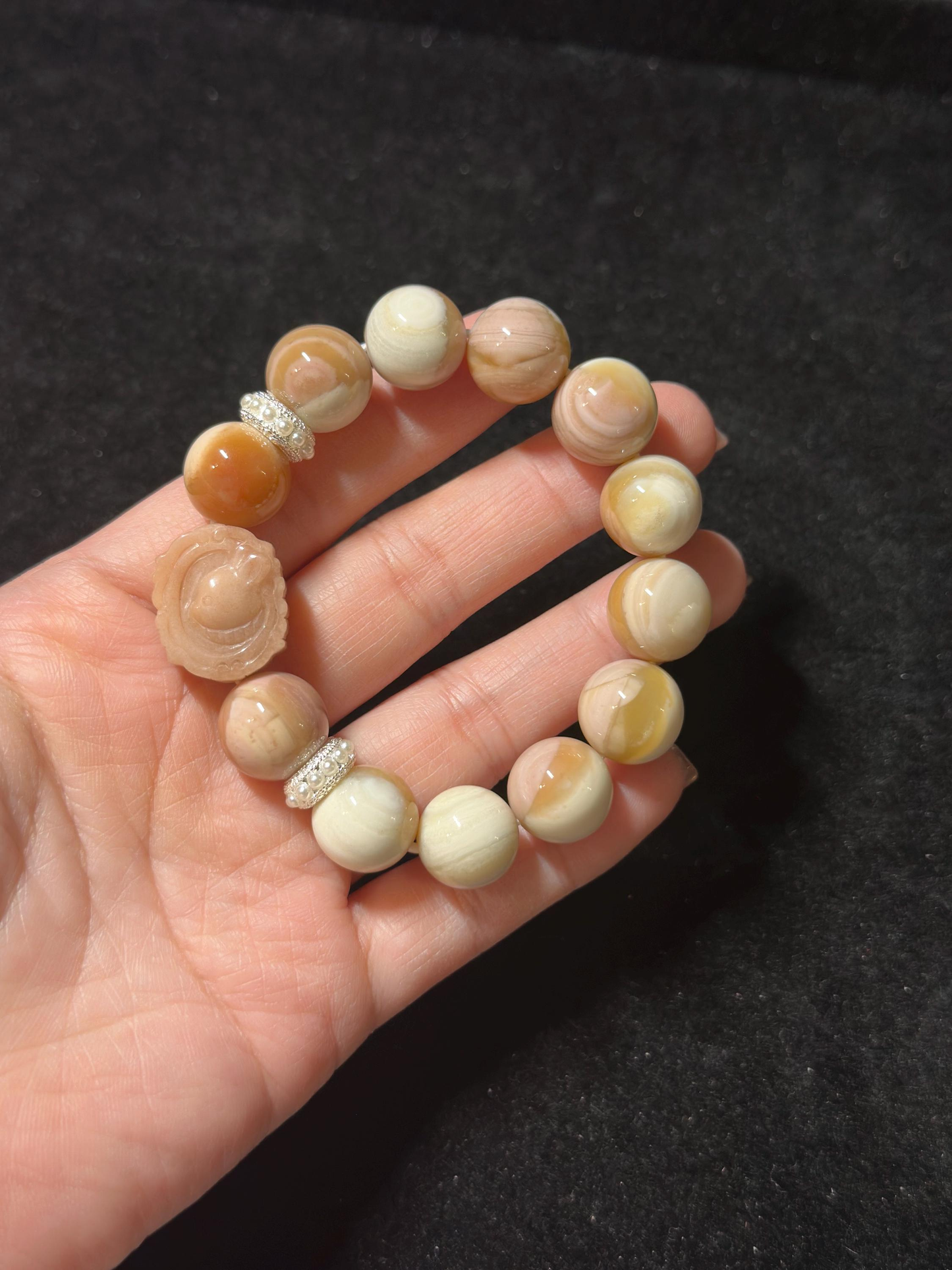 13mm Milky Fruity Alashan Agate Bracelet with Retro Bunny Charm | Gemstone | Handmade Bracelet | Gifts for Her