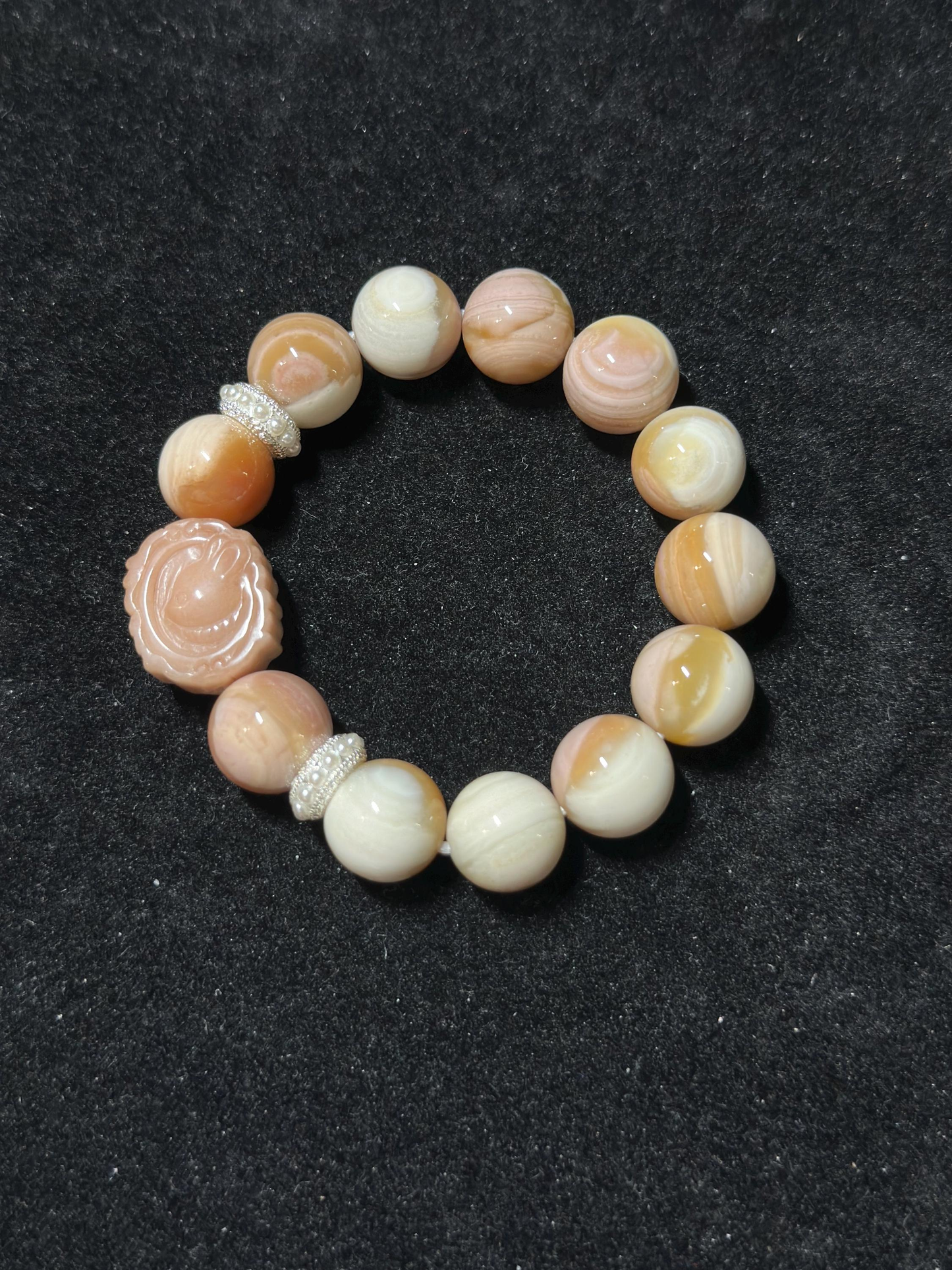 13mm Milky Fruity Alashan Agate Bracelet with Retro Bunny Charm | Gemstone | Handmade Bracelet | Gifts for Her