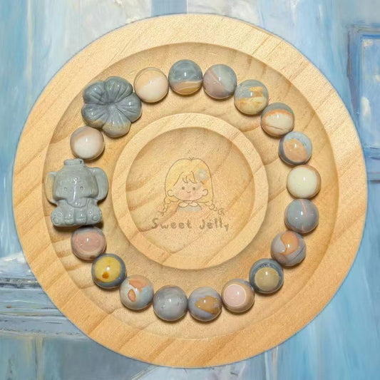 9mm Blue Caramel Alashan Agate Beads Handmade Bracelet with Charm | Natural Gemstone Jewelry | Gift for Her | Textured Stone