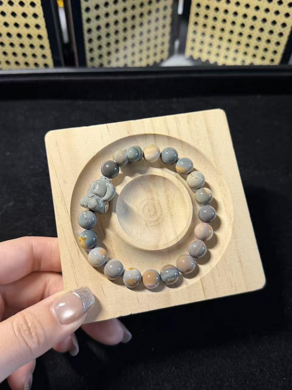 9mm Blue Caramel Alashan Agate Beads Handmade Bracelet with Charm | Natural Gemstone Jewelry | Gift for Her | Textured Stone