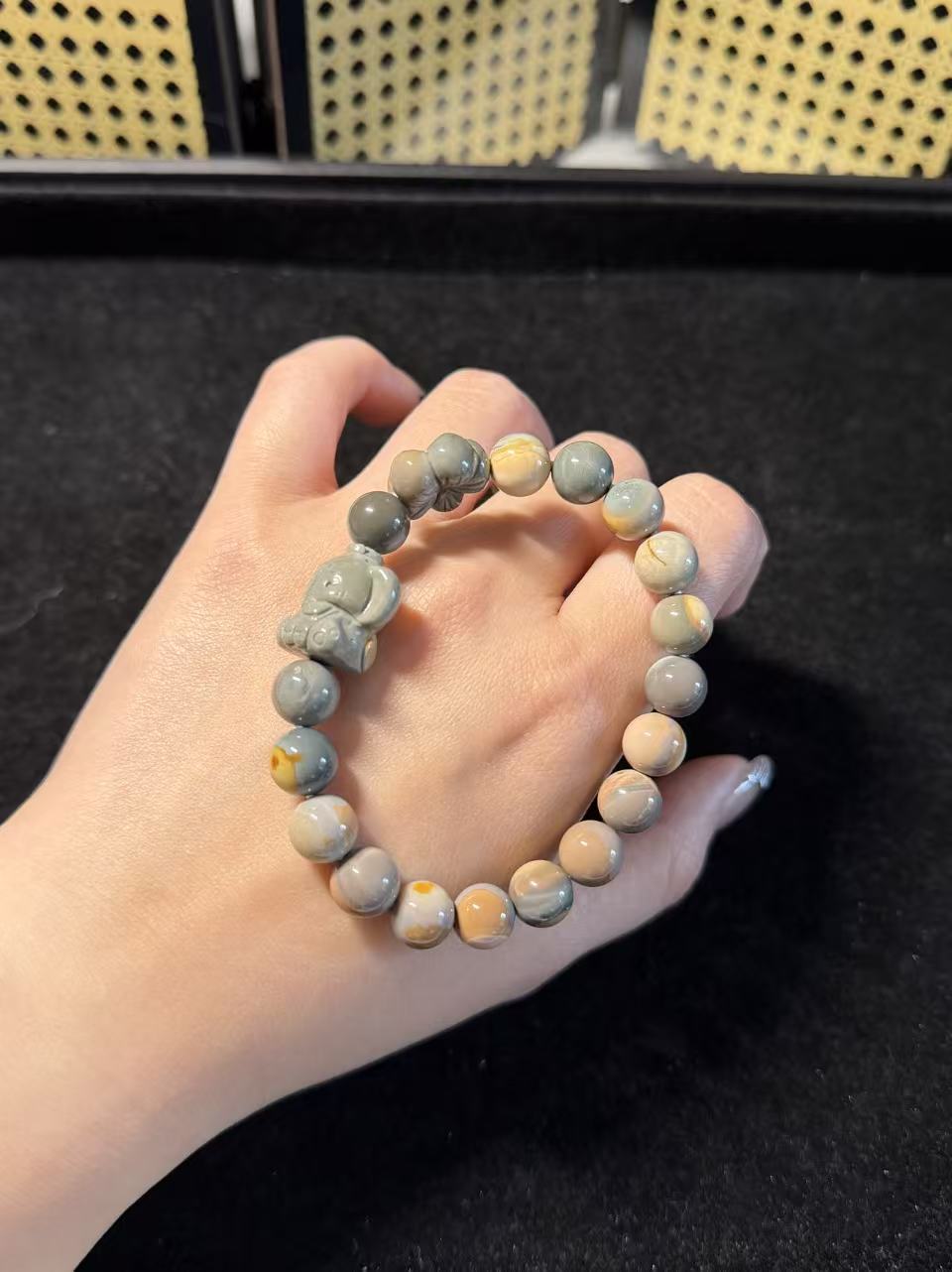 9mm Blue Caramel Alashan Agate Beads Handmade Bracelet with Charm | Natural Gemstone Jewelry | Gift for Her | Textured Stone