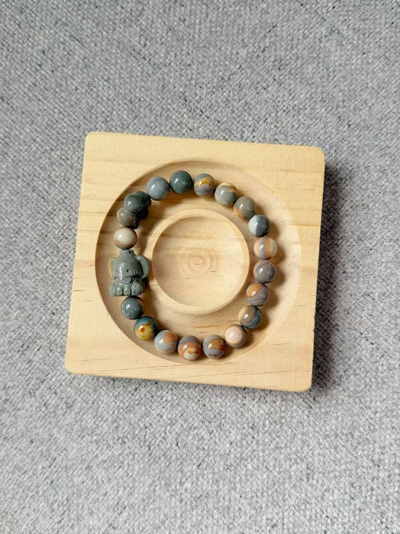 9mm Blue Caramel Alashan Agate Beads Handmade Bracelet with Charm | Natural Gemstone Jewelry | Gift for Her | Textured Stone