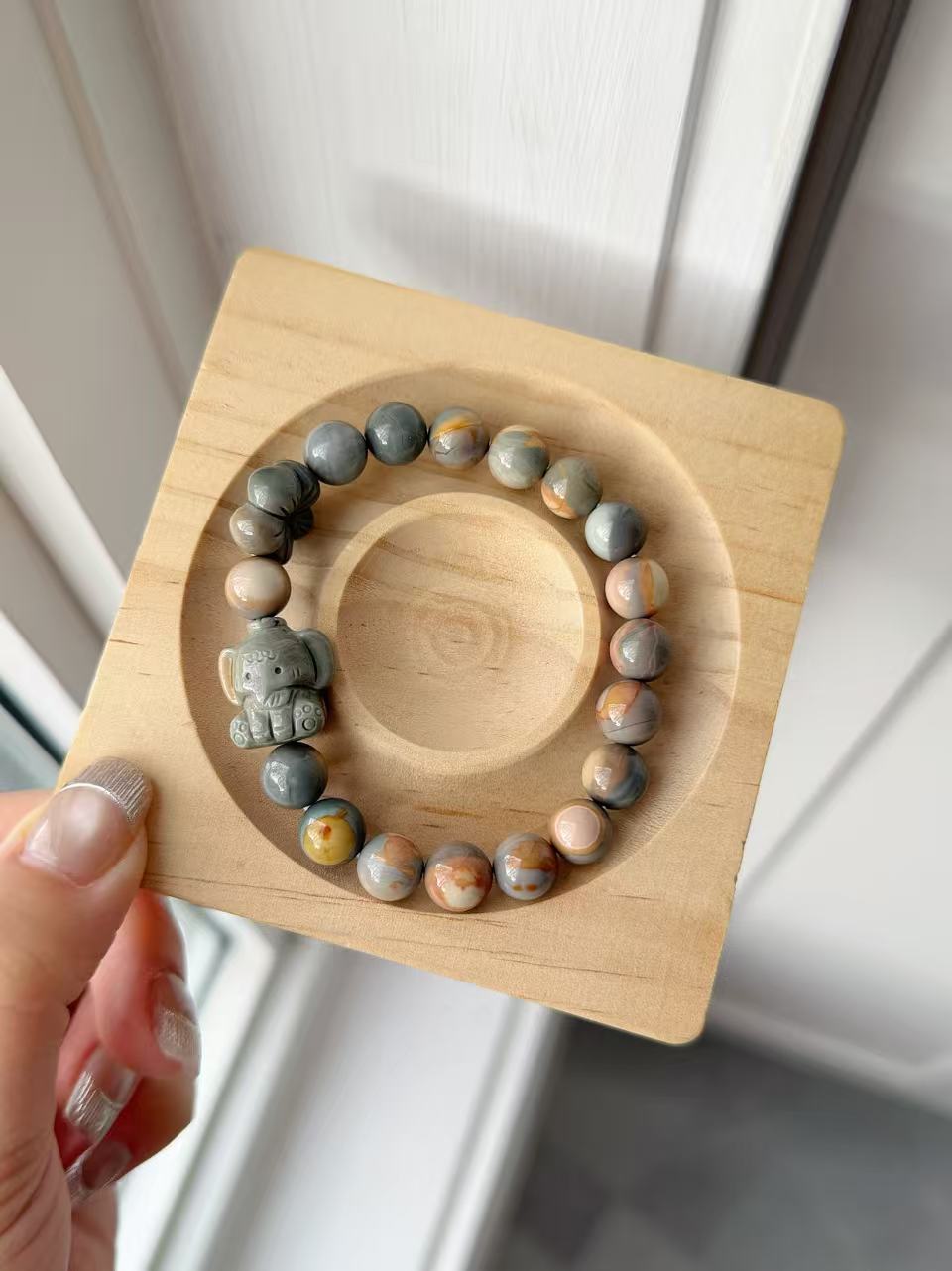 9mm Blue Caramel Alashan Agate Beads Handmade Bracelet with Charm | Natural Gemstone Jewelry | Gift for Her | Textured Stone