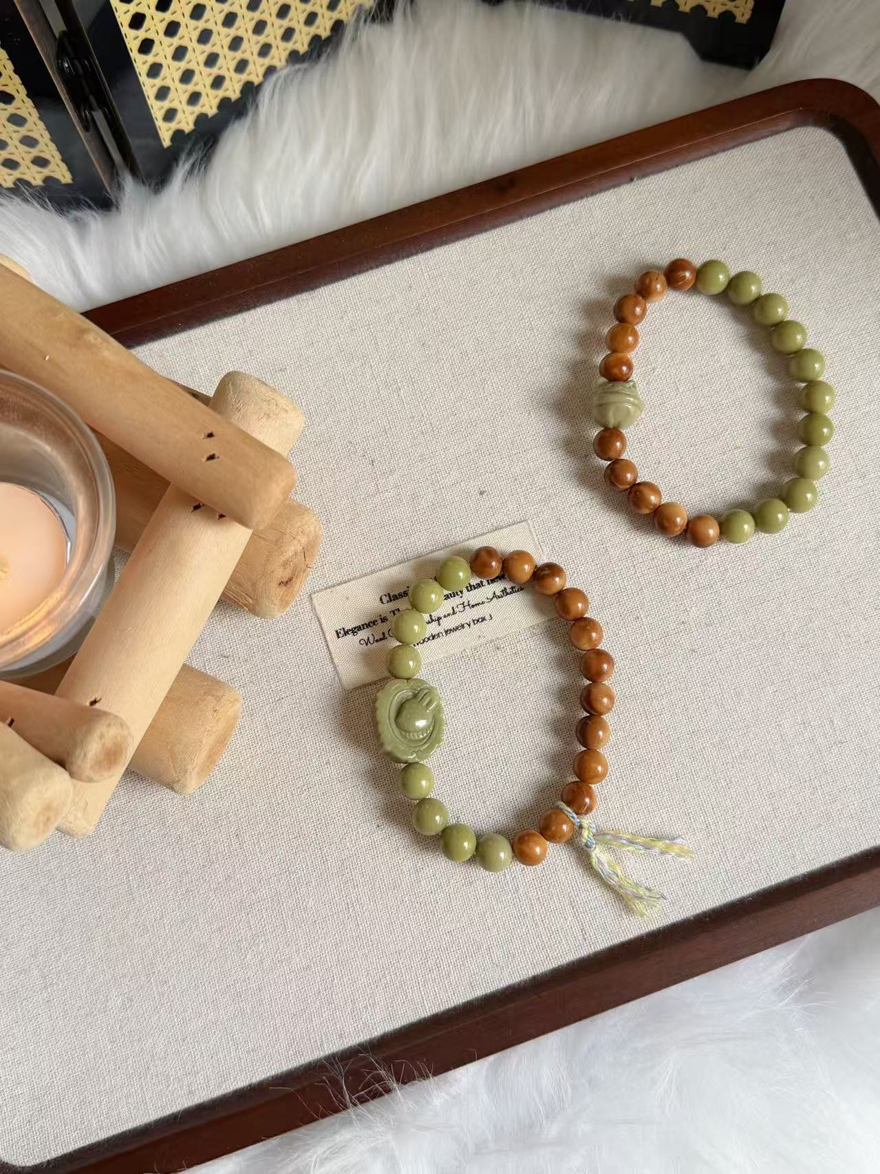 8mm Natural Kuka Bracelet with Green Matcha Alashan| Natural Wood & Stone | Handmade Bracelet