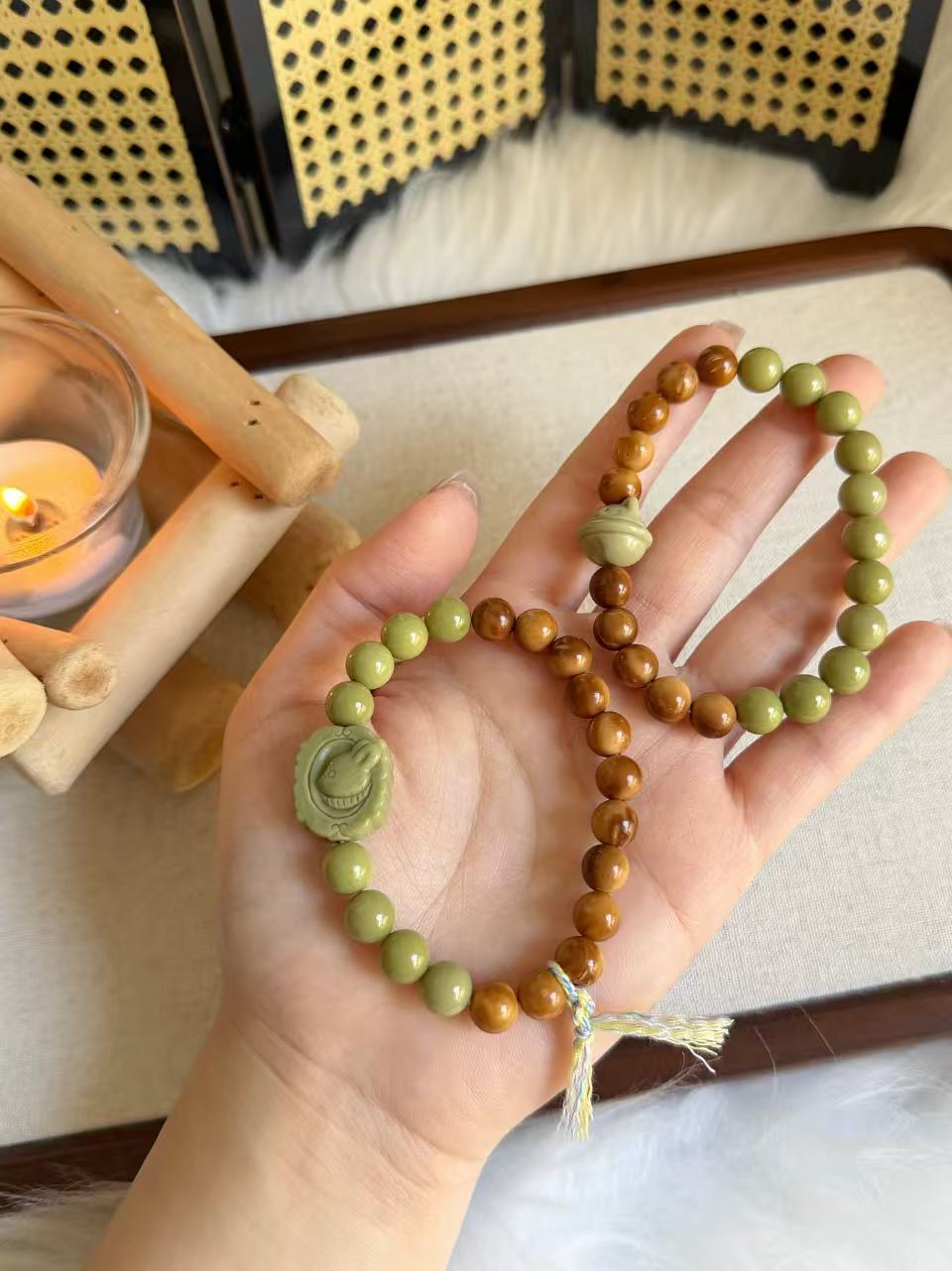 8mm Natural Kuka Bracelet with Green Matcha Alashan| Natural Wood & Stone | Handmade Bracelet