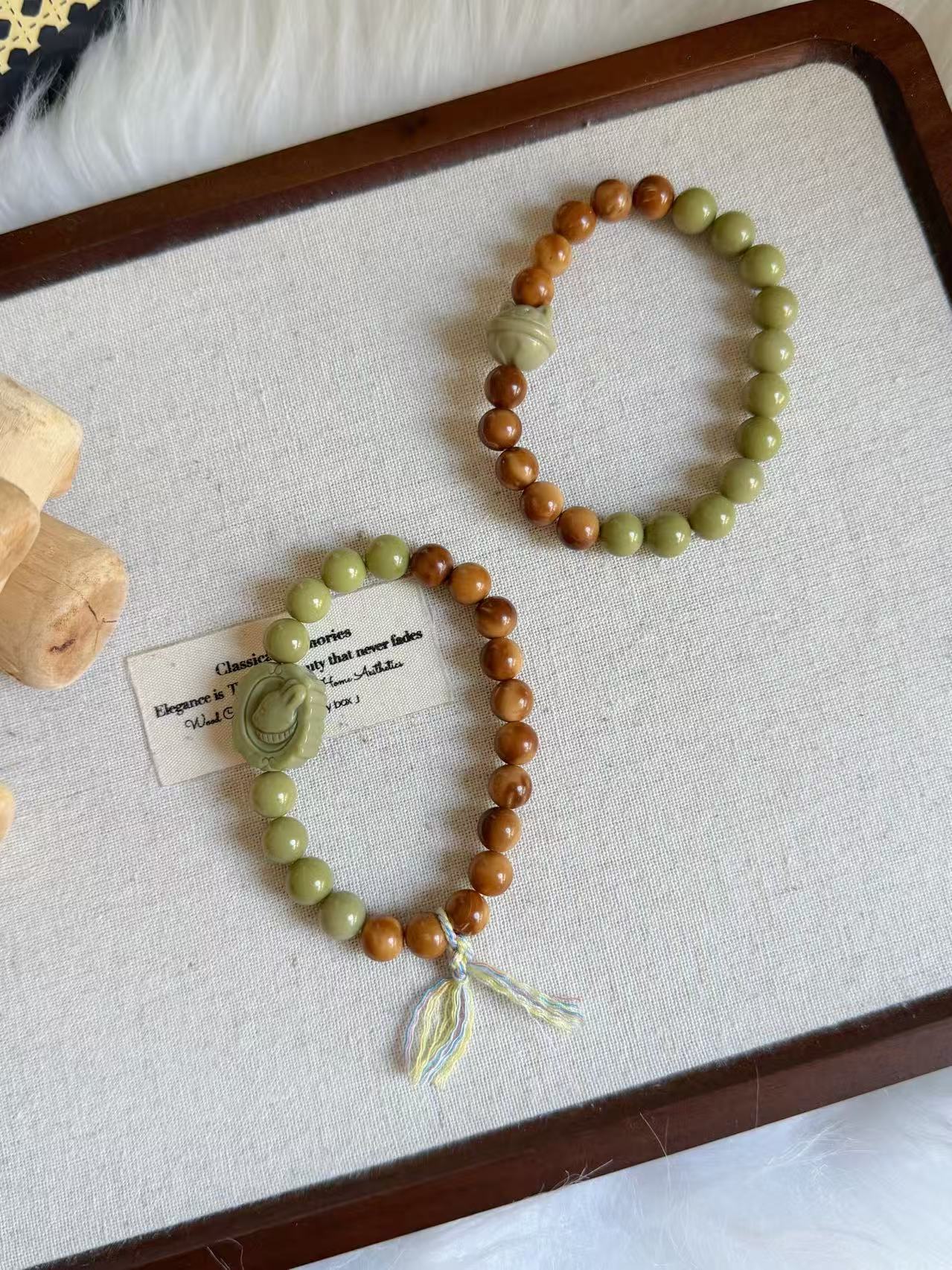 8mm Natural Kuka Bracelet with Green Matcha Alashan| Natural Wood & Stone | Handmade Bracelet