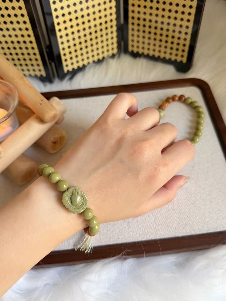 8mm Natural Kuka Bracelet with Green Matcha Alashan| Natural Wood & Stone | Handmade Bracelet