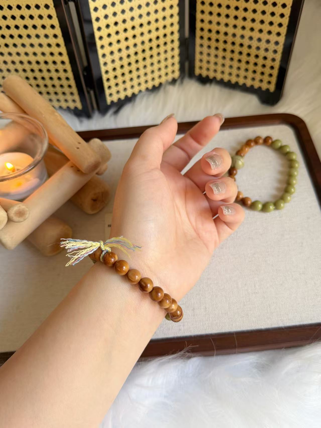 8mm Natural Kuka Bracelet with Green Matcha Alashan| Natural Wood & Stone | Handmade Bracelet