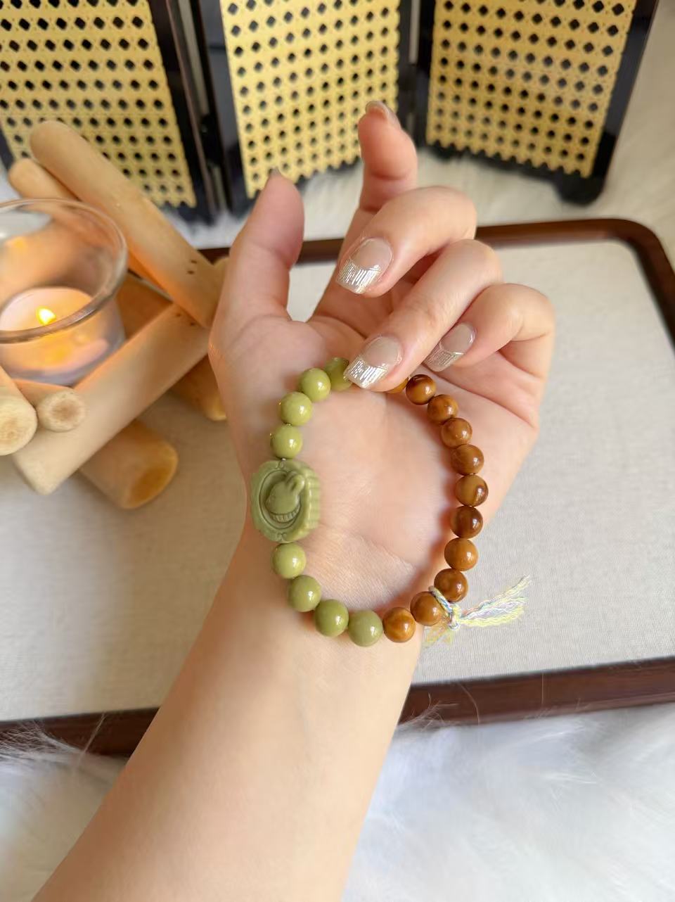 8mm Natural Kuka Bracelet with Green Matcha Alashan| Natural Wood & Stone | Handmade Bracelet