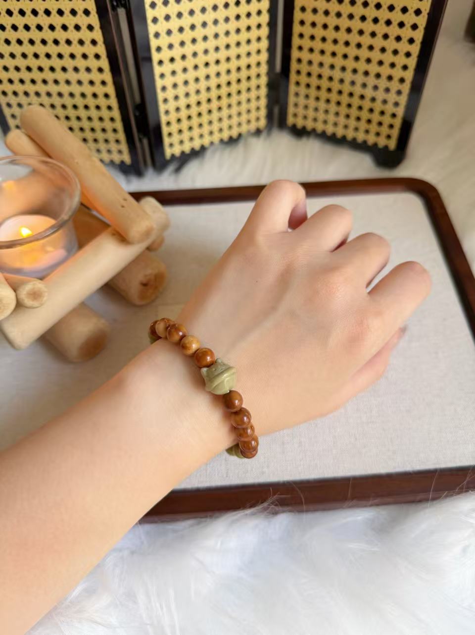 8mm Natural Kuka Bracelet with Green Matcha Alashan| Natural Wood & Stone | Handmade Bracelet
