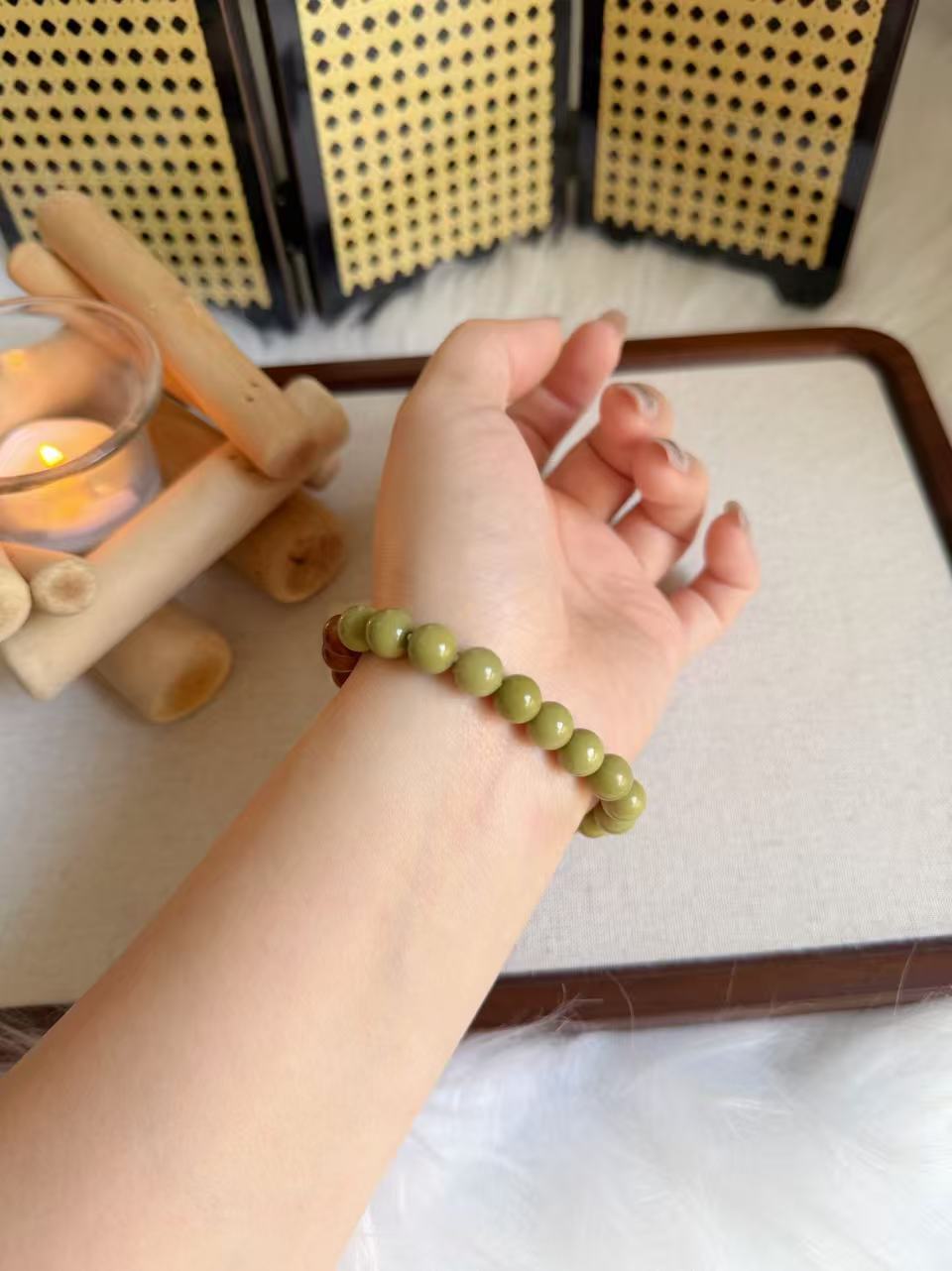 8mm Natural Kuka Bracelet with Green Matcha Alashan| Natural Wood & Stone | Handmade Bracelet