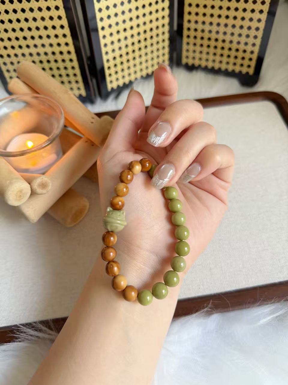 8mm Natural Kuka Bracelet with Green Matcha Alashan| Natural Wood & Stone | Handmade Bracelet