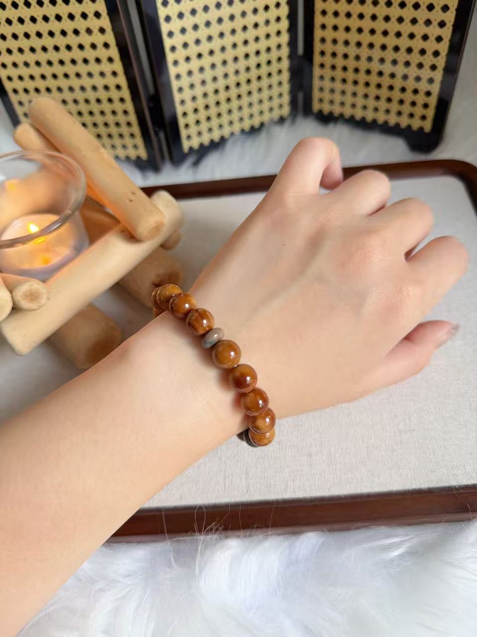 Natural Kuka Bracelet with Old Mine Alashan Agate| Natural Wood & Stone | Handmade Bracelet