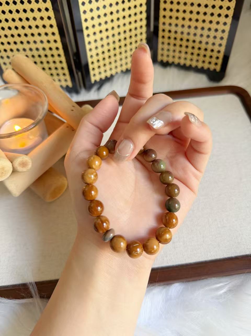 Natural Kuka Bracelet with Old Mine Alashan Agate| Natural Wood & Stone | Handmade Bracelet