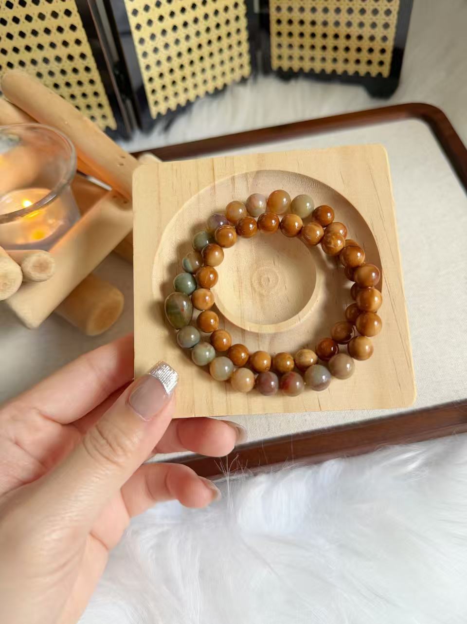 Natural Kuka Bracelet with Old Mine Alashan Agate| Natural Wood & Stone | Handmade Bracelet