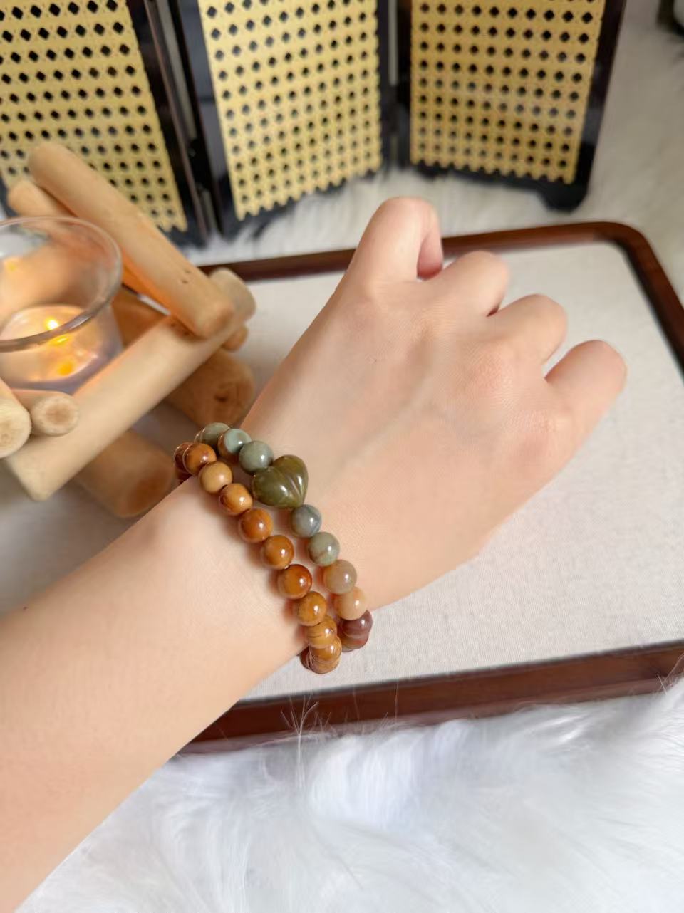 Natural Kuka Bracelet with Old Mine Alashan Agate| Natural Wood & Stone | Handmade Bracelet