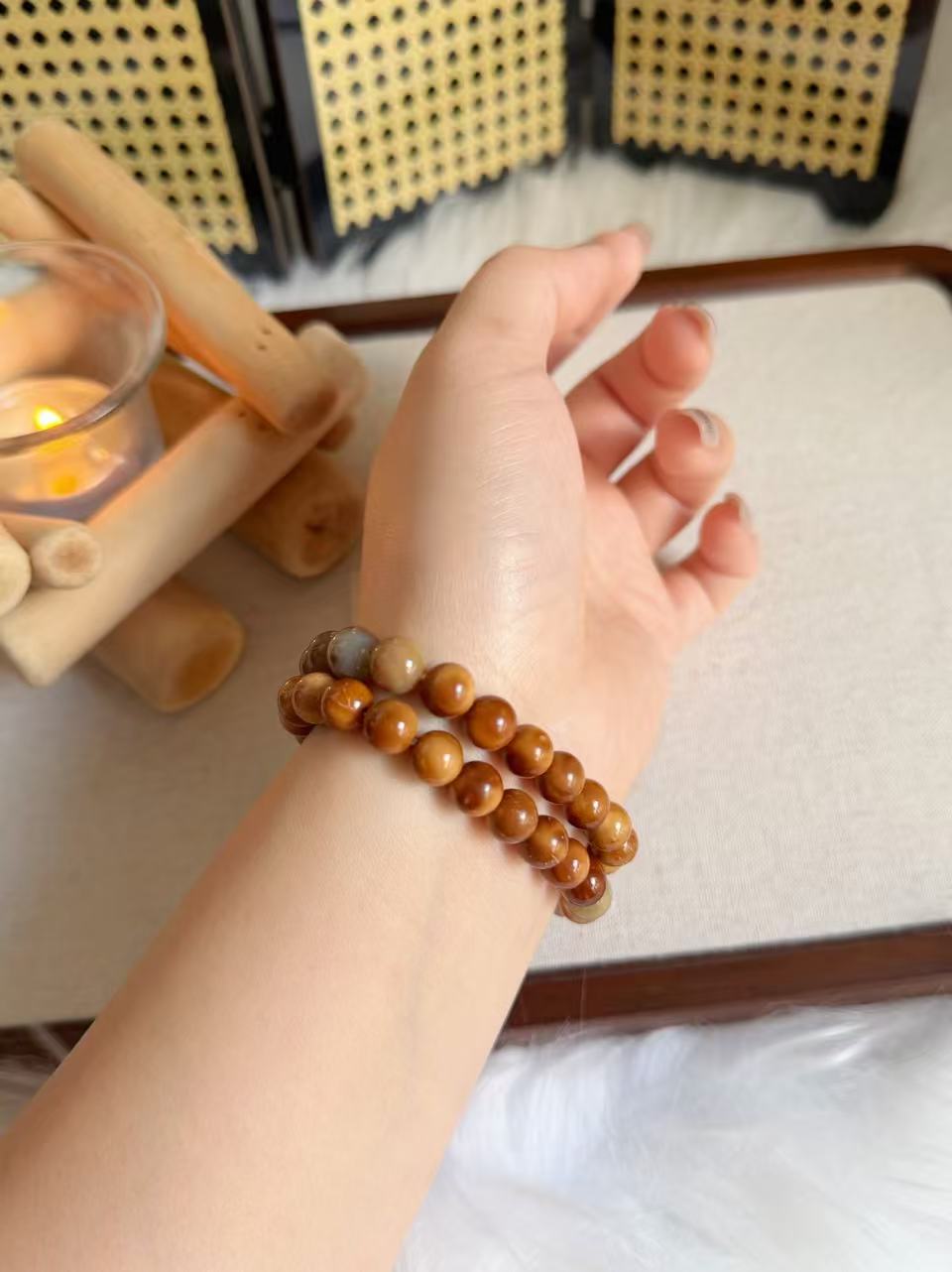 Natural Kuka Bracelet with Old Mine Alashan Agate| Natural Wood & Stone | Handmade Bracelet