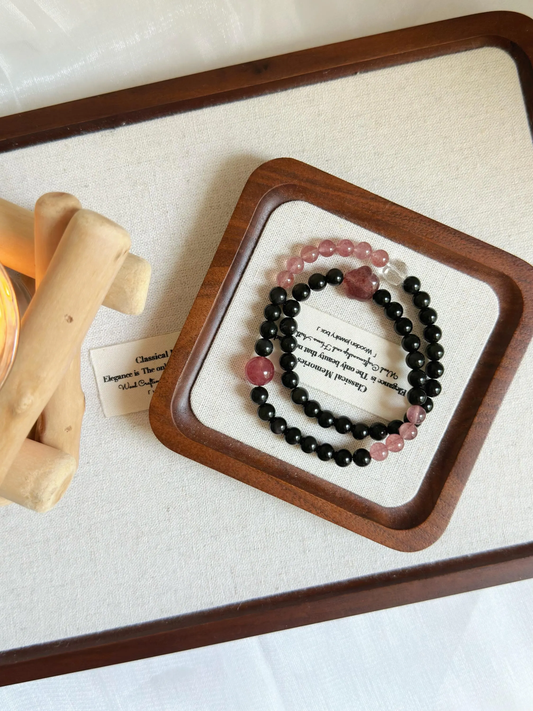 Double Row Obsidian & Strawberry Quartz Bracelet | Handcrafted Gemstone Jewelry for Balance and Love