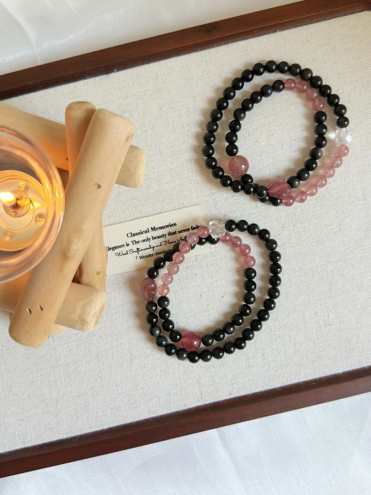 Double Row Obsidian & Strawberry Quartz Bracelet | Handcrafted Gemstone Jewelry for Balance and Love
