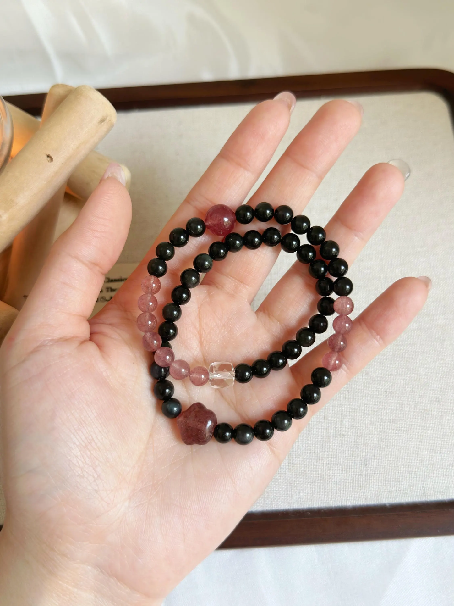 Double Row Obsidian & Strawberry Quartz Bracelet | Handcrafted Gemstone Jewelry for Balance and Love