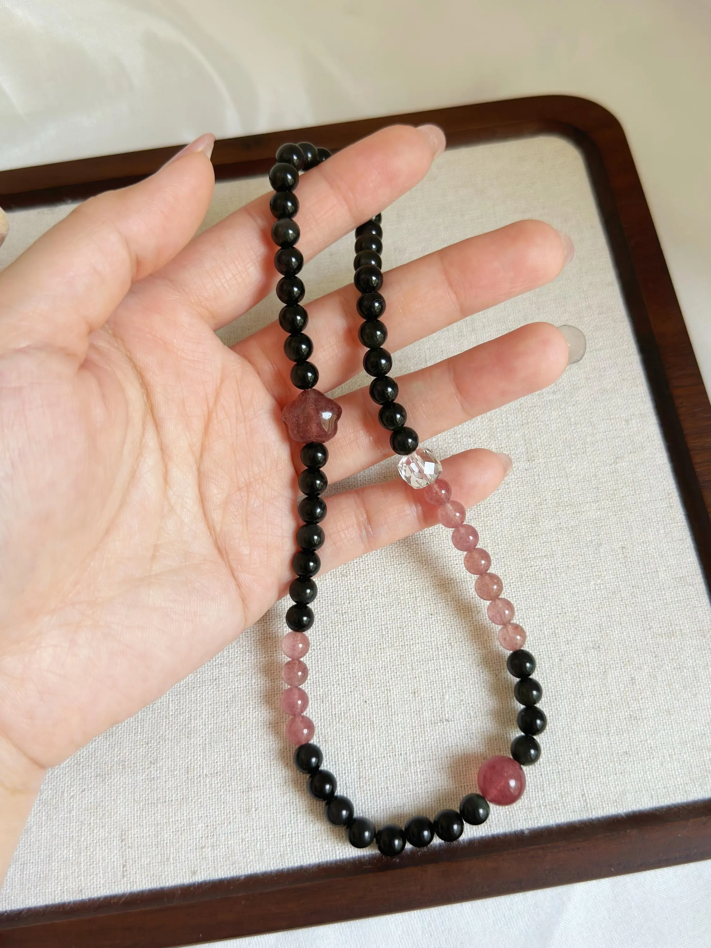 Double Row Obsidian & Strawberry Quartz Bracelet | Handcrafted Gemstone Jewelry for Balance and Love
