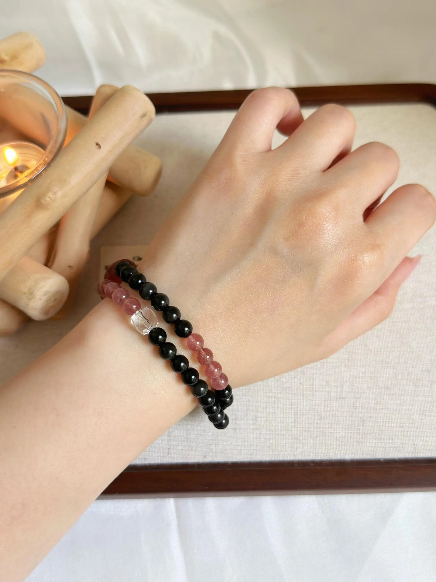 Double Row Obsidian & Strawberry Quartz Bracelet | Handcrafted Gemstone Jewelry for Balance and Love