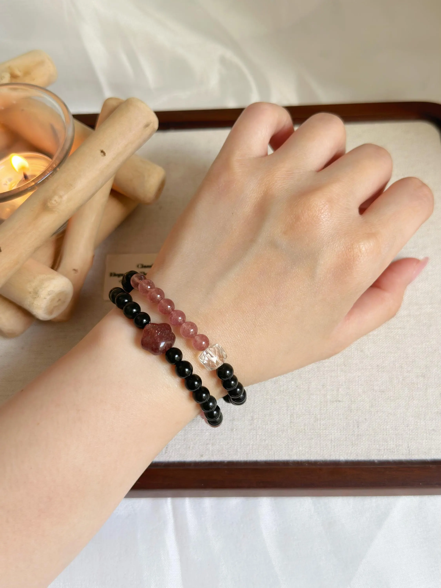 Double Row Obsidian & Strawberry Quartz Bracelet | Handcrafted Gemstone Jewelry for Balance and Love