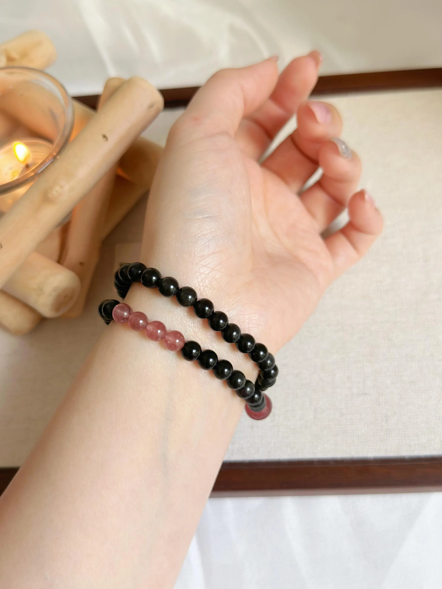 Double Row Obsidian & Strawberry Quartz Bracelet | Handcrafted Gemstone Jewelry for Balance and Love