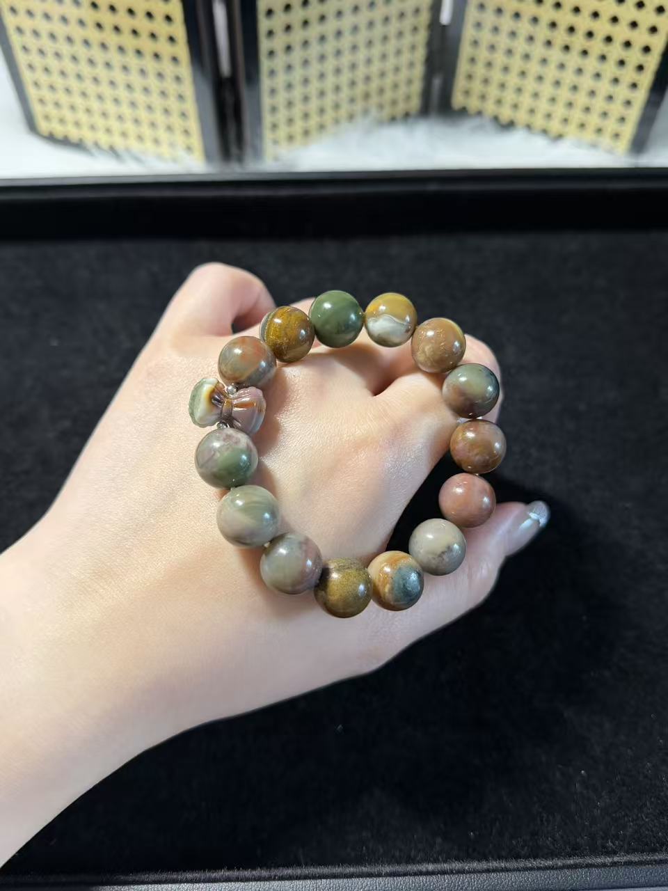 13mm Old Mine Alashan Agate Beads Women Bracelet with Bowknot Charm | Gemstone Jewelry