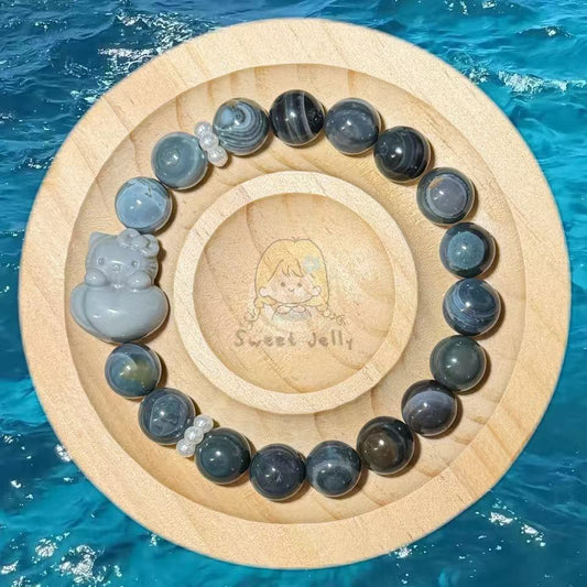 9mm Blue Ocean Alashan Agate Beads Handmade Bracelet with Charm | Natural Gemstone Jewelry | Gift for Her | Textured Stone