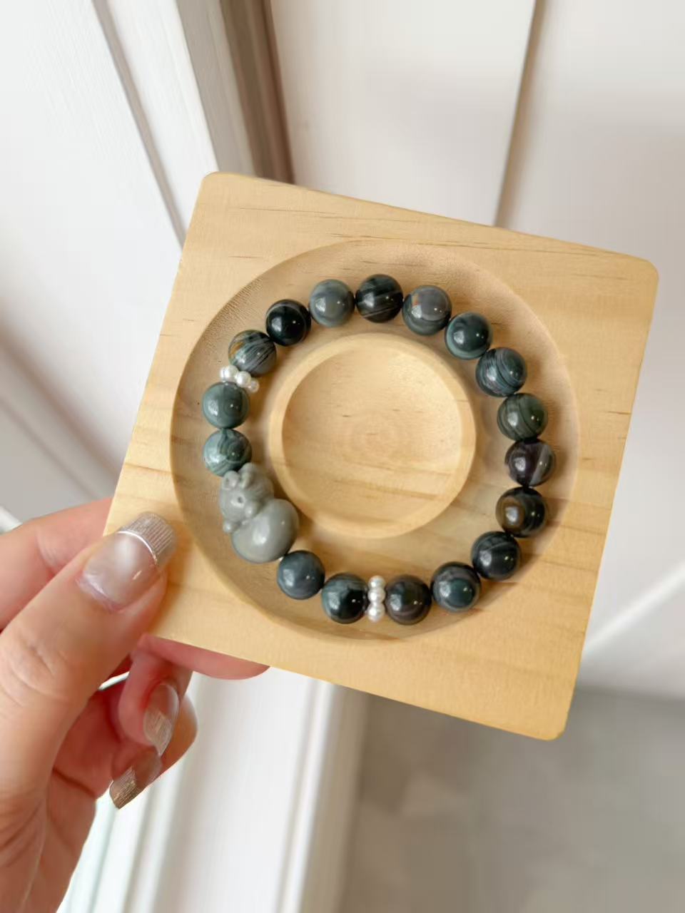 9mm Blue Ocean Alashan Agate Beads Handmade Bracelet with Charm | Natural Gemstone Jewelry | Gift for Her | Textured Stone