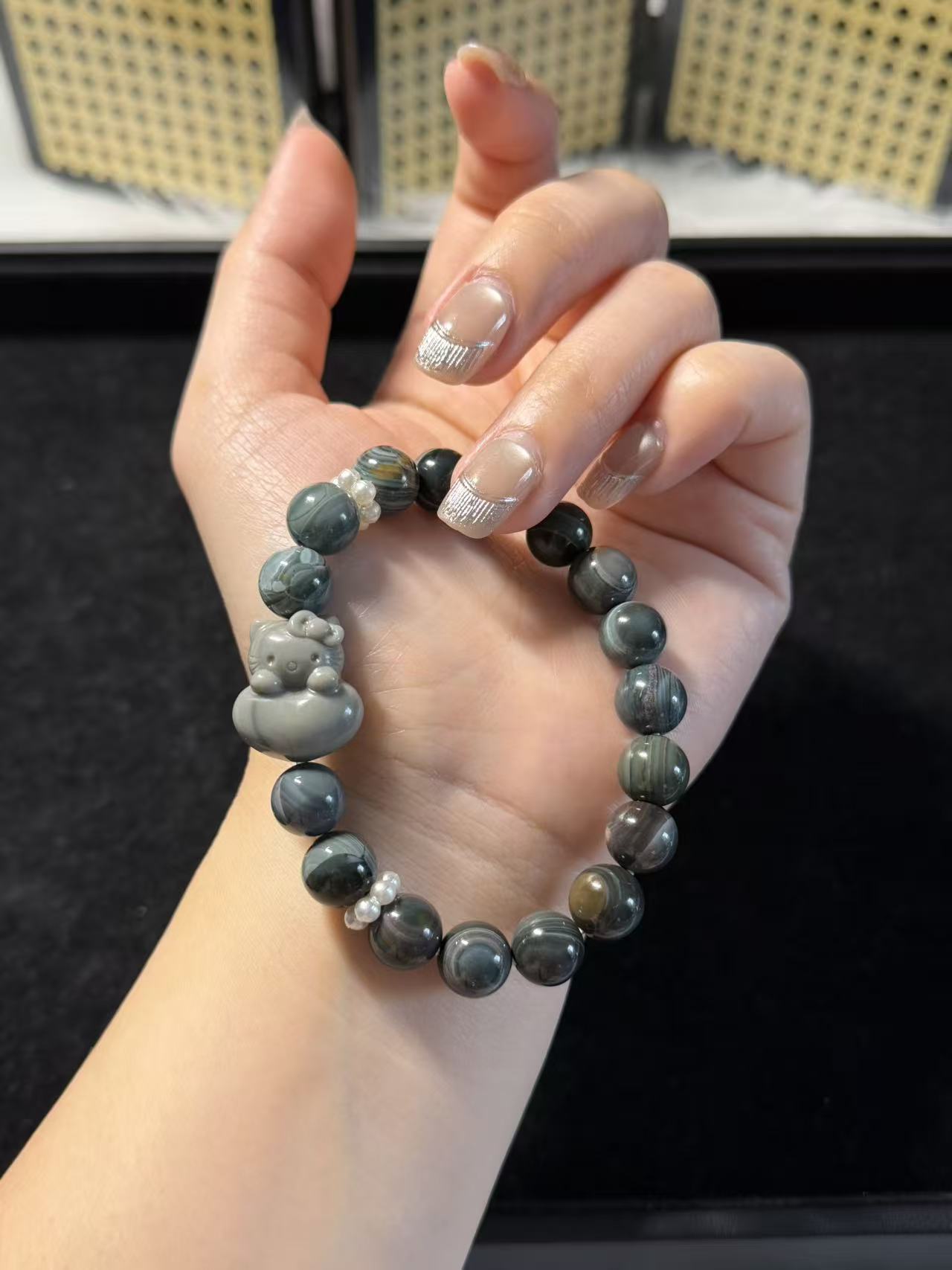 9mm Blue Ocean Alashan Agate Beads Handmade Bracelet with Charm | Natural Gemstone Jewelry | Gift for Her | Textured Stone