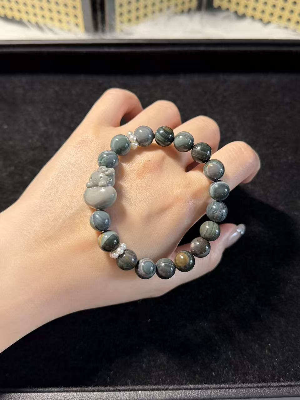 9mm Blue Ocean Alashan Agate Beads Handmade Bracelet with Charm | Natural Gemstone Jewelry | Gift for Her | Textured Stone