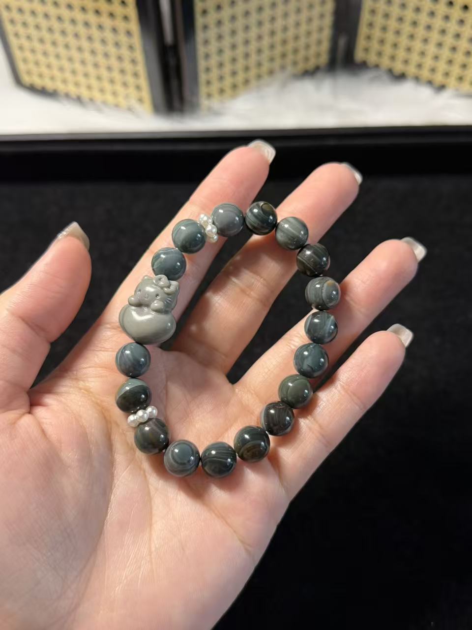 9mm Blue Ocean Alashan Agate Beads Handmade Bracelet with Charm | Natural Gemstone Jewelry | Gift for Her | Textured Stone