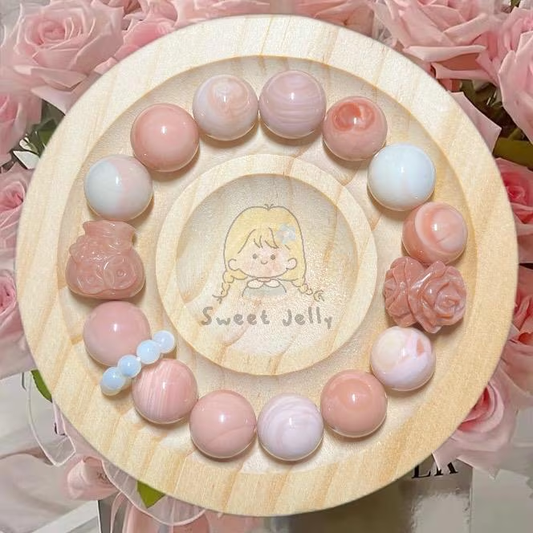 Soft Pink Alashan Agate Bead Bracelet with Lucky Money Bag Charm | Natural Gemstone Jewelry | Handmade | Gift for Her