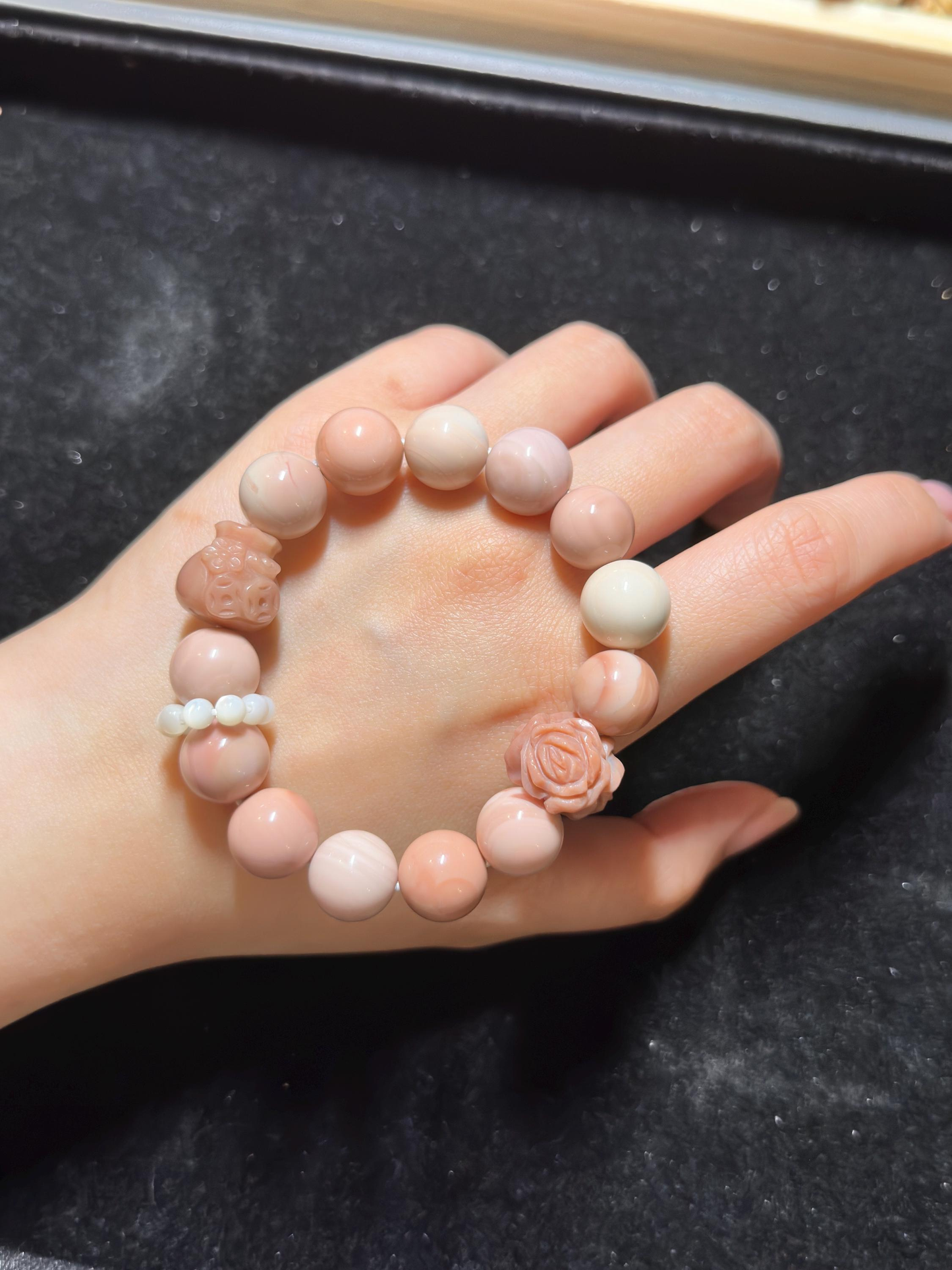 Soft Pink Alashan Agate Bead Bracelet with Lucky Money Bag Charm | Natural Gemstone Jewelry | Handmade | Gift for Her