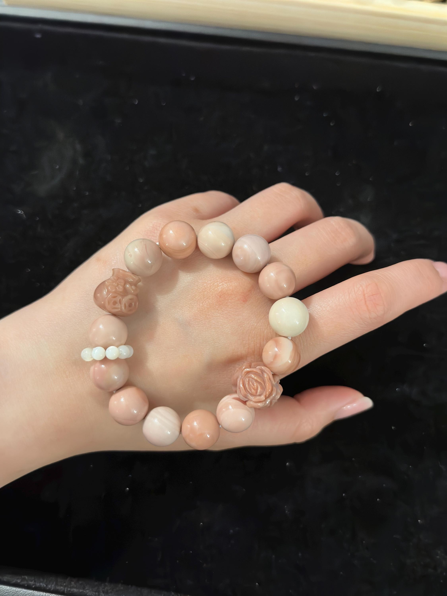 Soft Pink Alashan Agate Bead Bracelet with Lucky Money Bag Charm | Natural Gemstone Jewelry | Handmade | Gift for Her