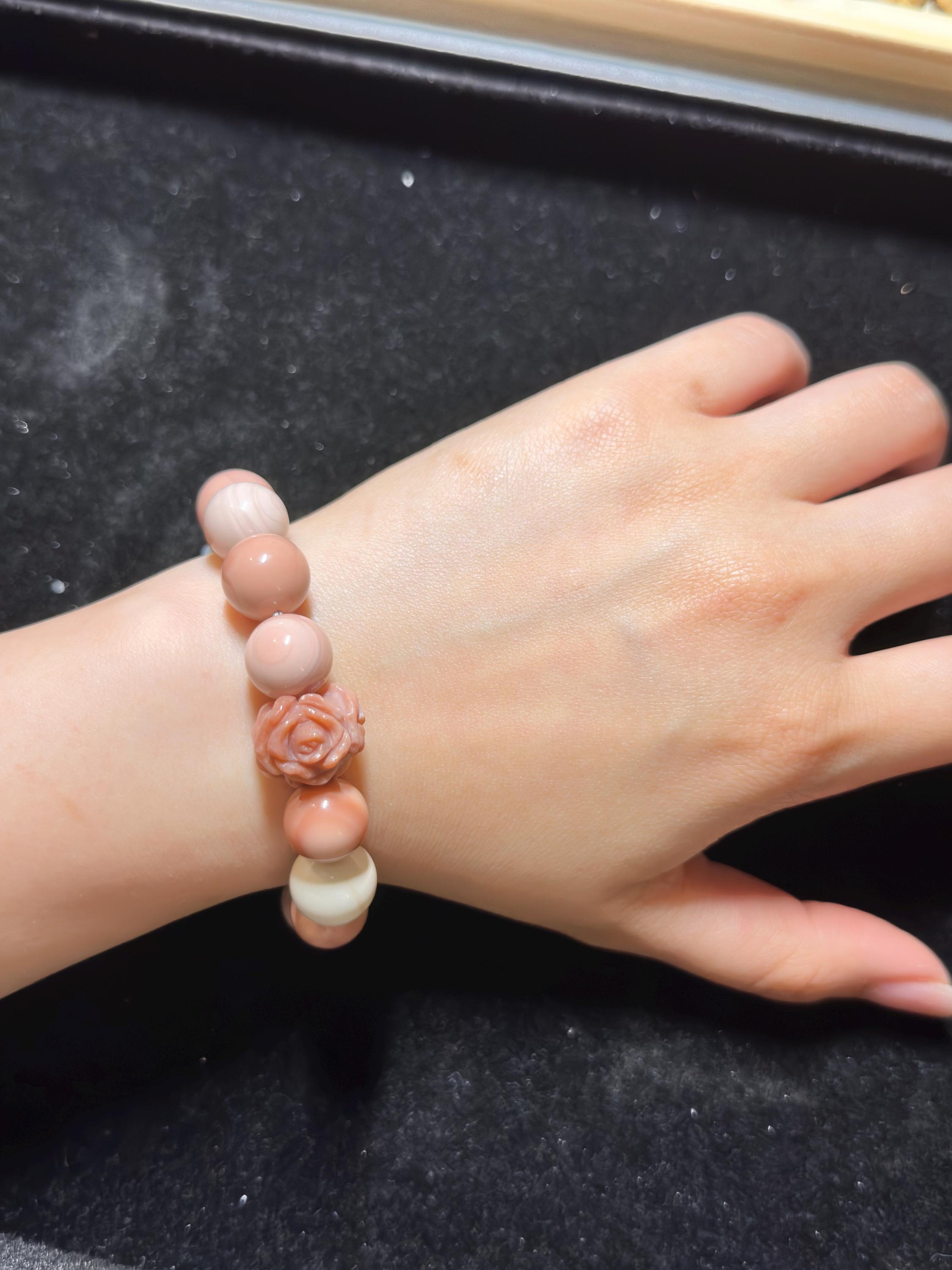 Soft Pink Alashan Agate Bead Bracelet with Lucky Money Bag Charm | Natural Gemstone Jewelry | Handmade | Gift for Her