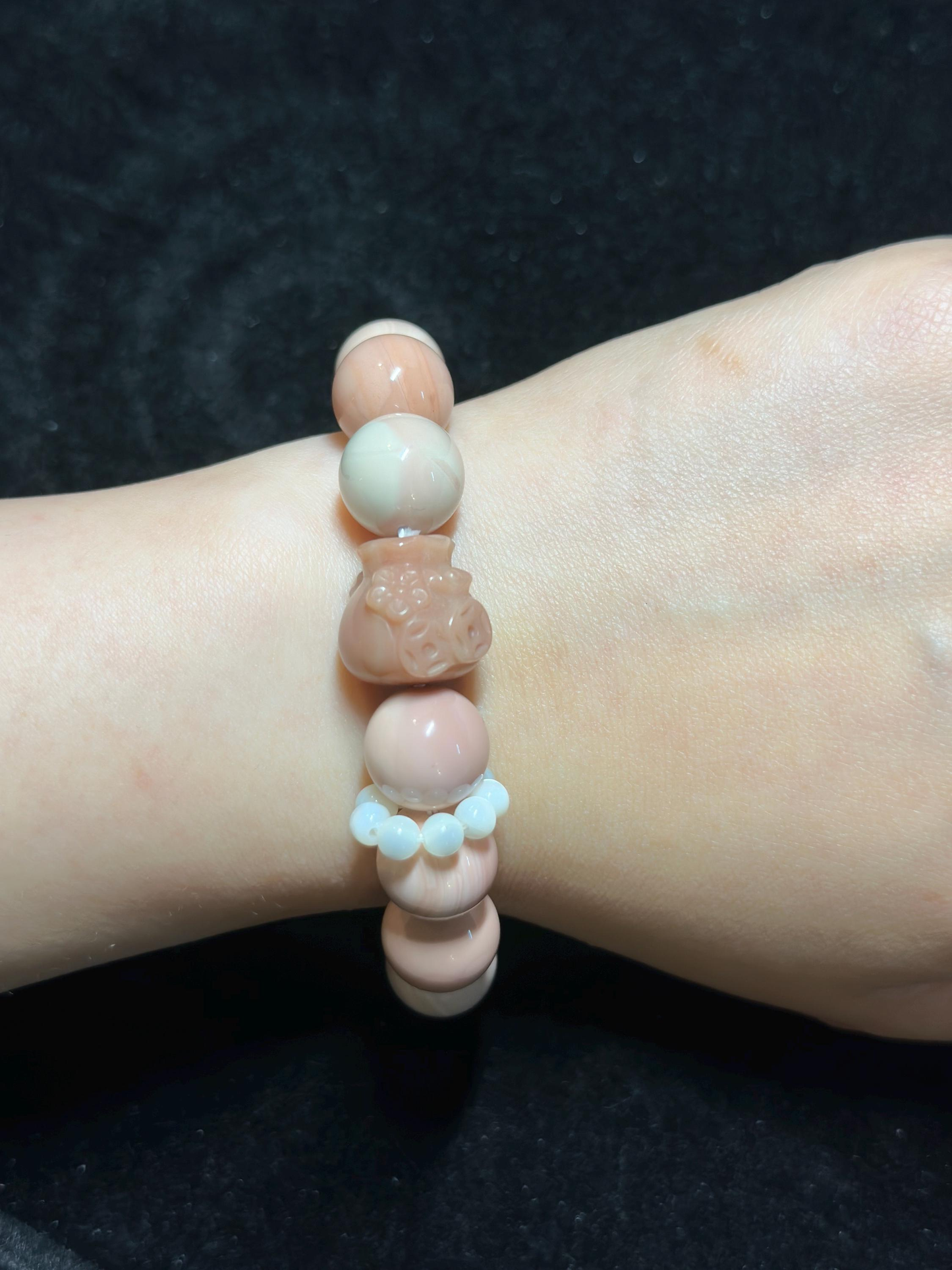 Soft Pink Alashan Agate Bead Bracelet with Lucky Money Bag Charm | Natural Gemstone Jewelry | Handmade | Gift for Her