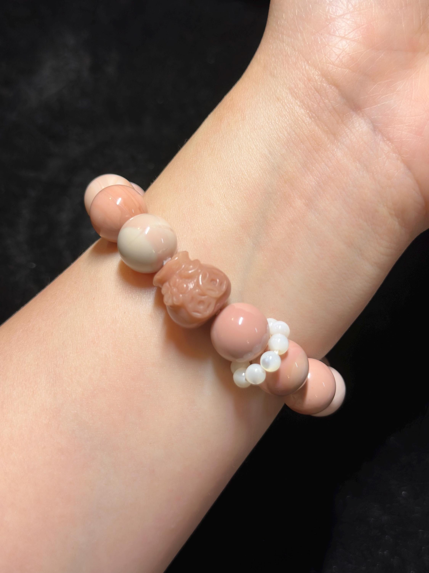 Soft Pink Alashan Agate Bead Bracelet with Lucky Money Bag Charm | Natural Gemstone Jewelry | Handmade | Gift for Her