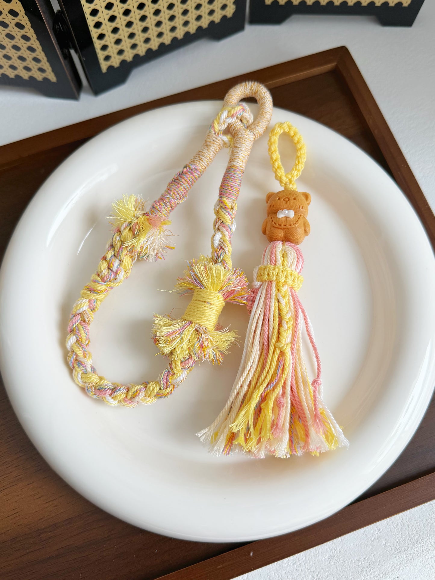 Hand-Braided Sandalwood Cute Bear Phone Charm | Natural Wooden Charm | Cute Keychain or Bag Accessory | Handmade Oriental Gift