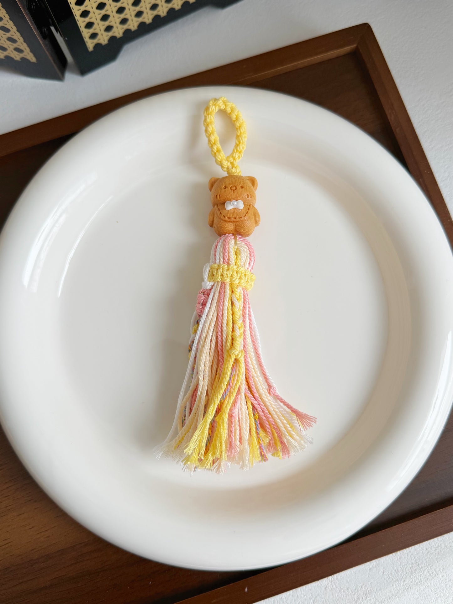 Hand-Braided Sandalwood Cute Bear Phone Charm | Natural Wooden Charm | Cute Keychain or Bag Accessory | Handmade Oriental Gift
