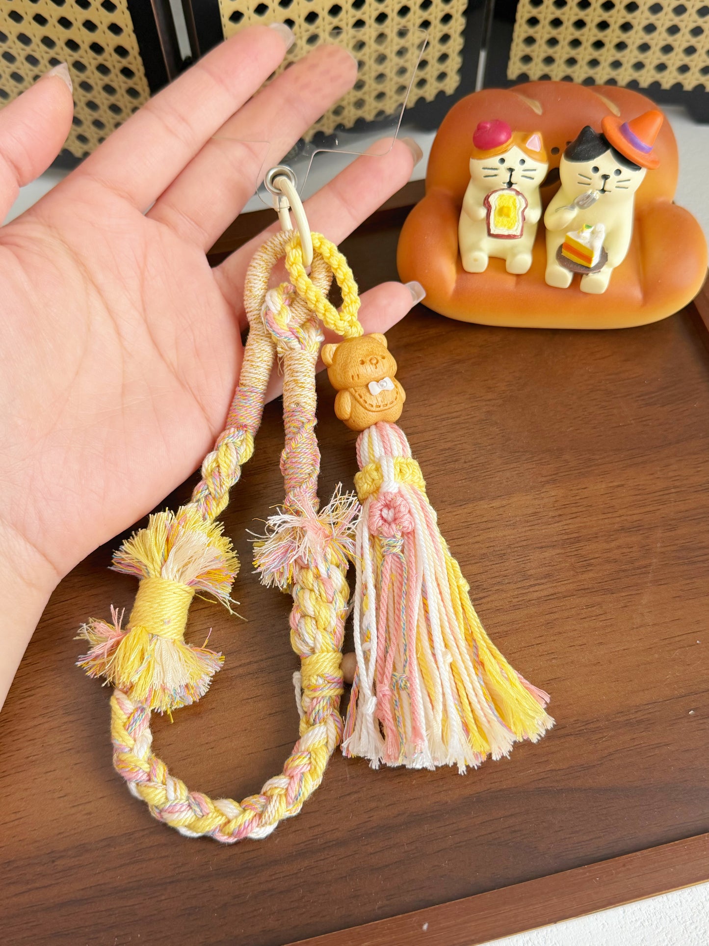 Hand-Braided Sandalwood Cute Bear Phone Charm | Natural Wooden Charm | Cute Keychain or Bag Accessory | Handmade Oriental Gift