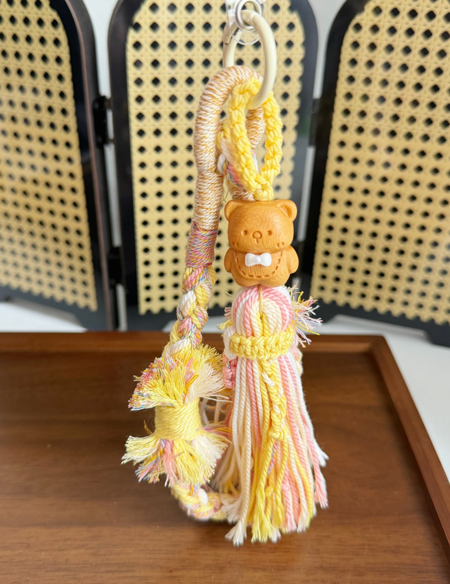 Hand-Braided Sandalwood Cute Bear Phone Charm | Natural Wooden Charm | Cute Keychain or Bag Accessory | Handmade Oriental Gift